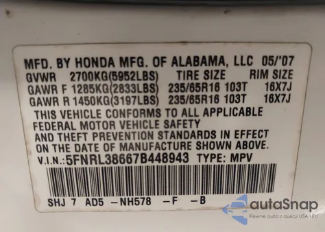 2007 Honda Odyssey Ex-L from USA, damaged, VIN 5FNRL38667B448943